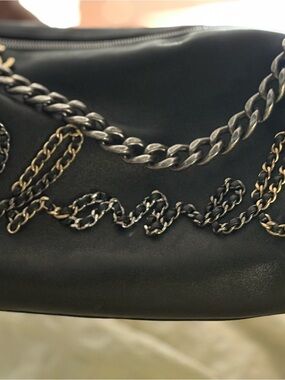 CHANEL Black Shoulder Bag with Mixed Metal Chain Detail